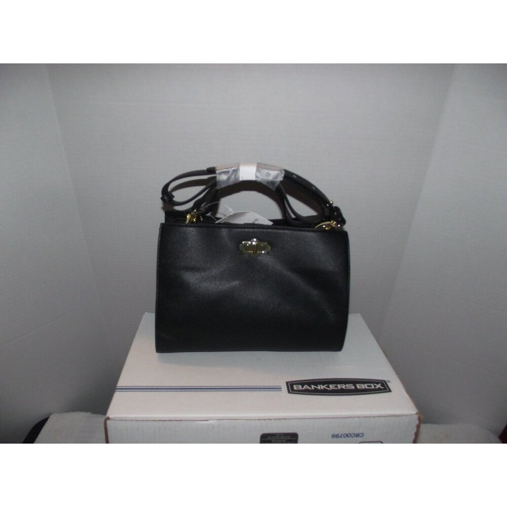 Crown & Ivy Black Vegan Leather Satchel Purse With Gold Accents & Polka Dots Sty